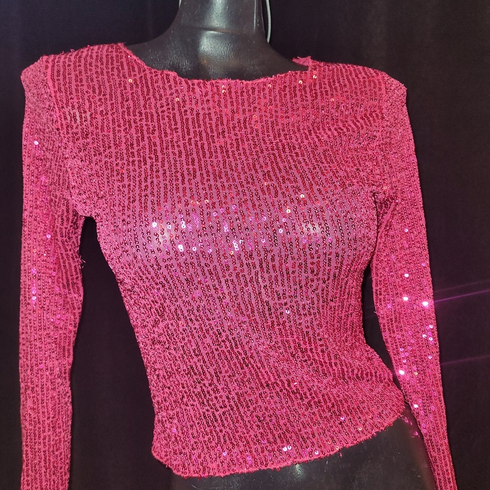 Sequin Long Sleeve Hot Pink See Through